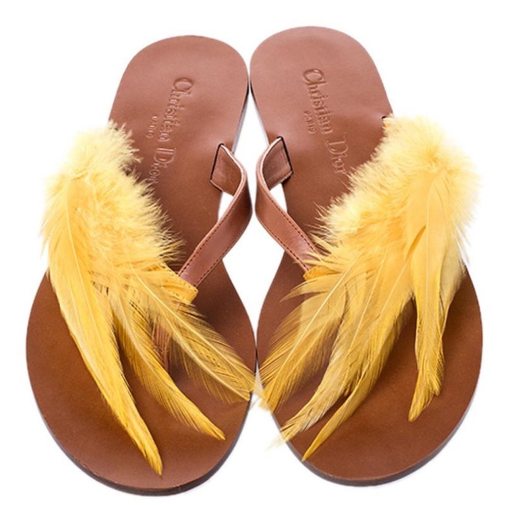 Dior Brown Leather & Yellow Ethnie Feather Flats